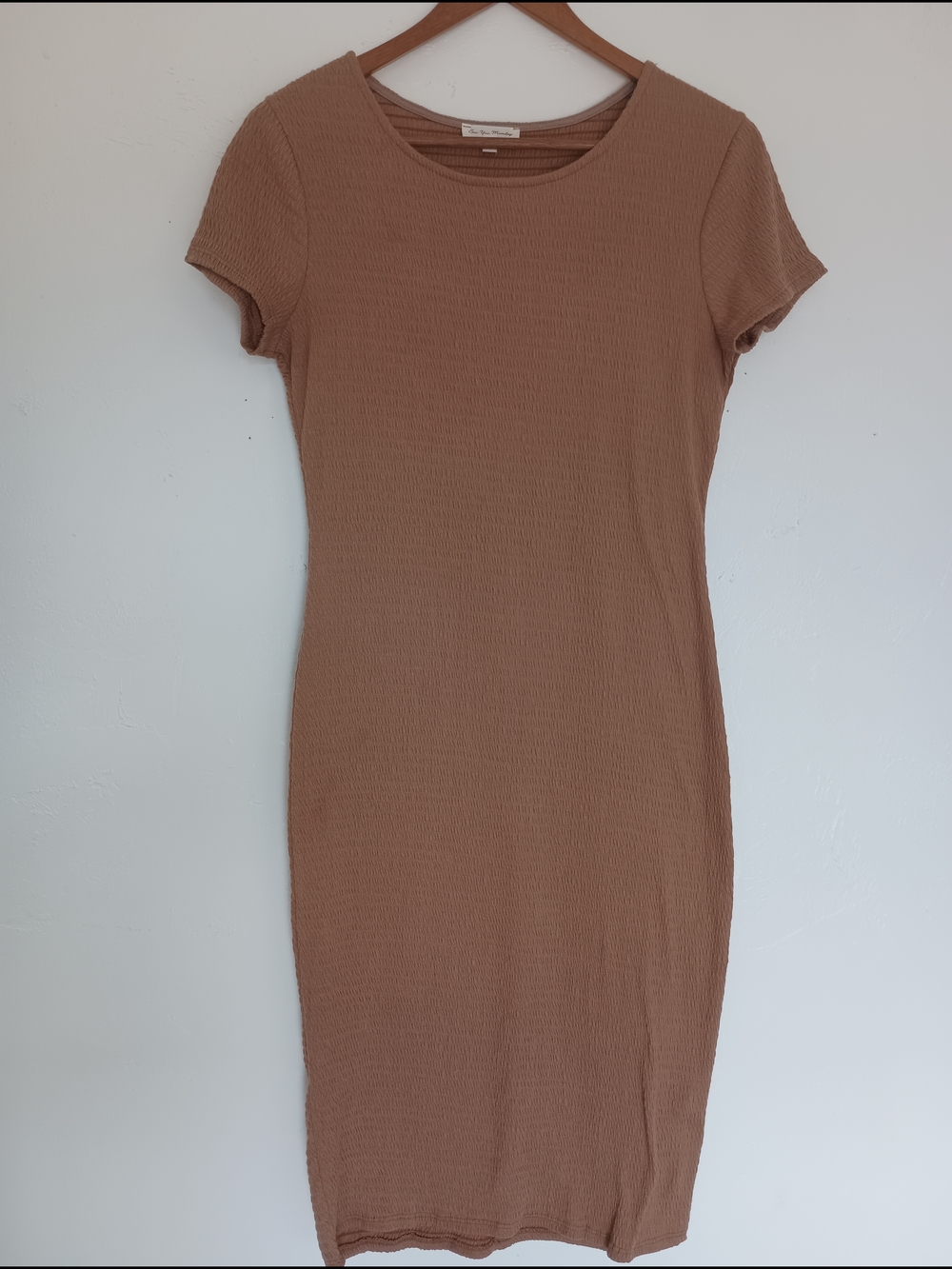 See You Monday Tan Ribbed Short-Sleeve Midi Dress